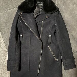 Express Black Trench Coat with Faux Fur Collar